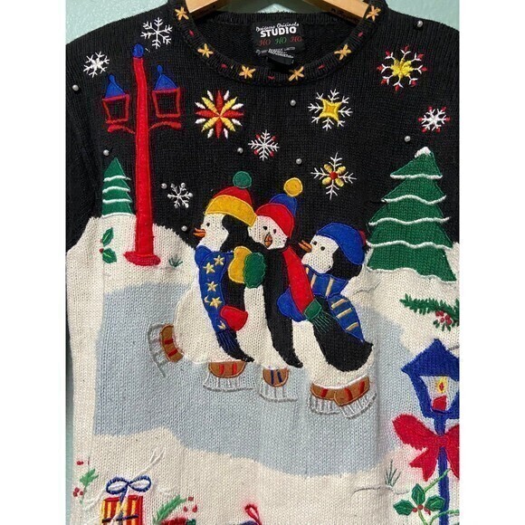 Designers Originals Women's Snowman Penguin Holiday Winter Black Sweater PS - Picture 3 of 9
